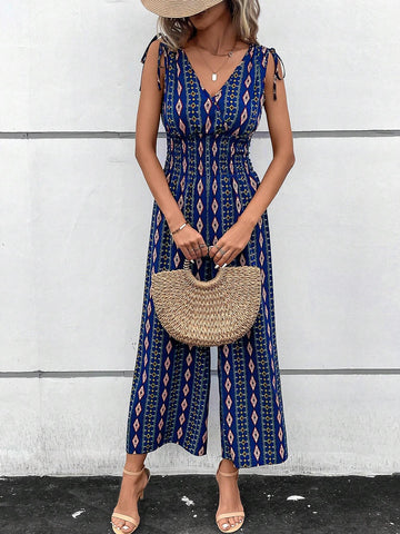 EMERY ROSE Geo Print Tie Shoulder Wide Leg Jumpsuit