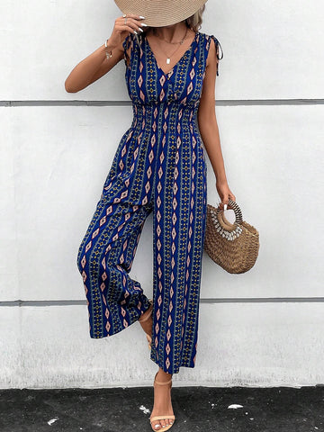 EMERY ROSE Geo Print Tie Shoulder Wide Leg Jumpsuit