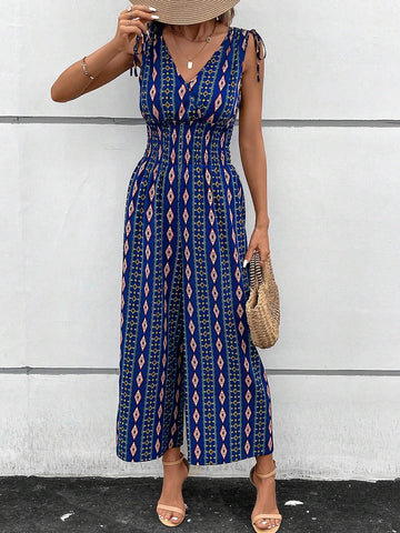 EMERY ROSE Geo Print Tie Shoulder Wide Leg Jumpsuit