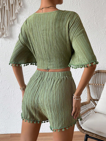 Twist Front Lettuce Trim Crop Top & Shorts