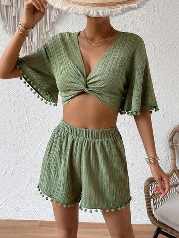 Twist Front Lettuce Trim Crop Top & Shorts
