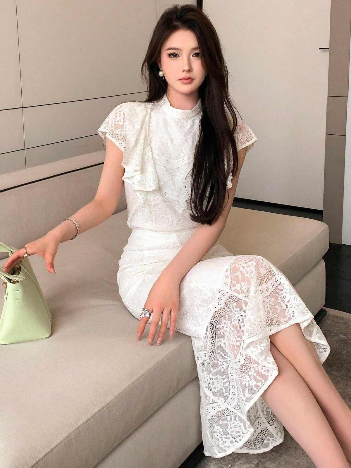 DAZY Ruffle Trim Lace Blouse & Mermaid Hem Skirt