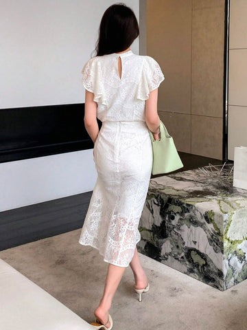 DAZY Ruffle Trim Lace Blouse & Mermaid Hem Skirt