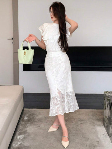 DAZY Ruffle Trim Lace Blouse & Mermaid Hem Skirt