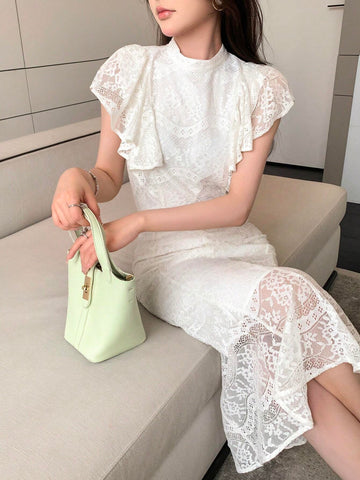 DAZY Ruffle Trim Lace Blouse & Mermaid Hem Skirt