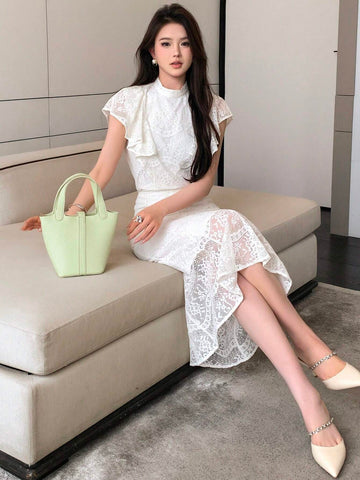 DAZY Ruffle Trim Lace Blouse & Mermaid Hem Skirt