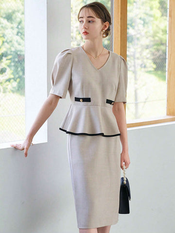 DAZY Contrast Binding Puff Sleeve Peplum Top & Skirt