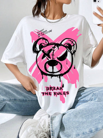EZwear Bear And Slogan Graphic Drop Shoulder Tee