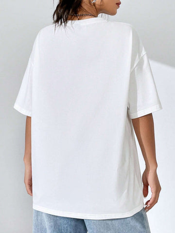 EZwear Bear And Slogan Graphic Drop Shoulder Tee