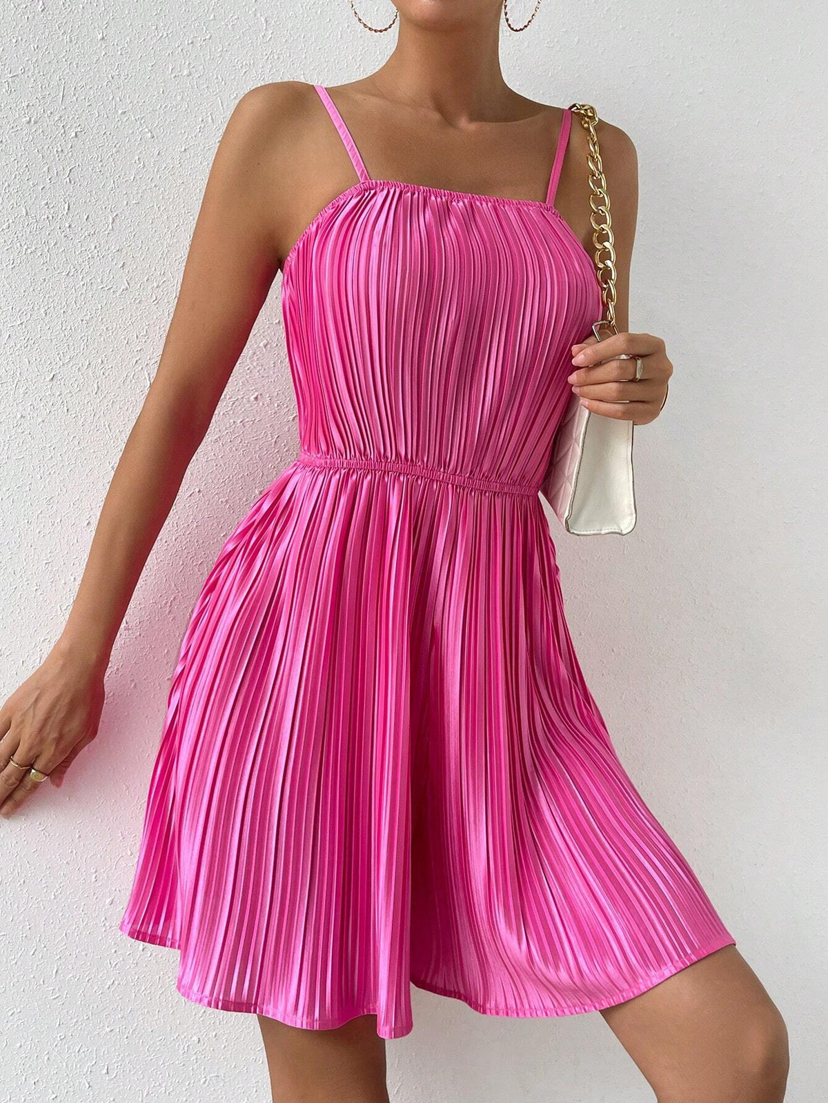 Solid Plisse Cami Romper