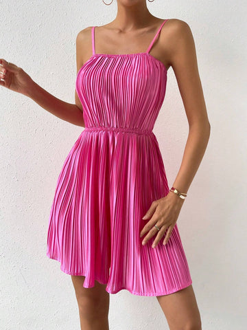 Solid Plisse Cami Romper