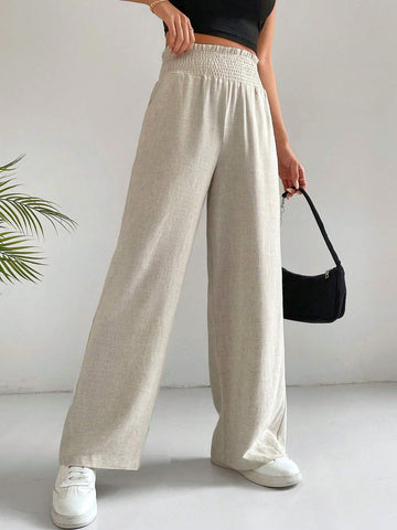 EZwear Solid Elastic Waist Straight Leg Pants
