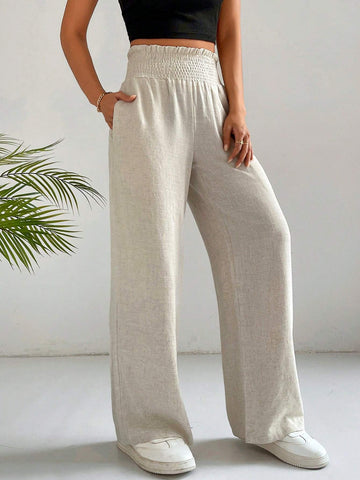 EZwear Solid Elastic Waist Straight Leg Pants