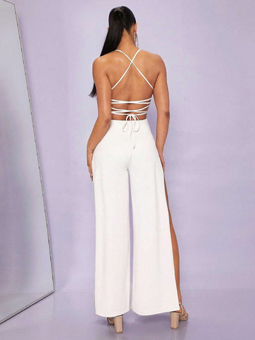 Lace Up Backless Split Thigh Cami Jumpsuit