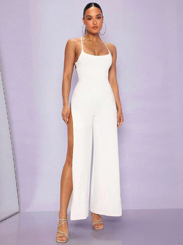 Lace Up Backless Split Thigh Cami Jumpsuit