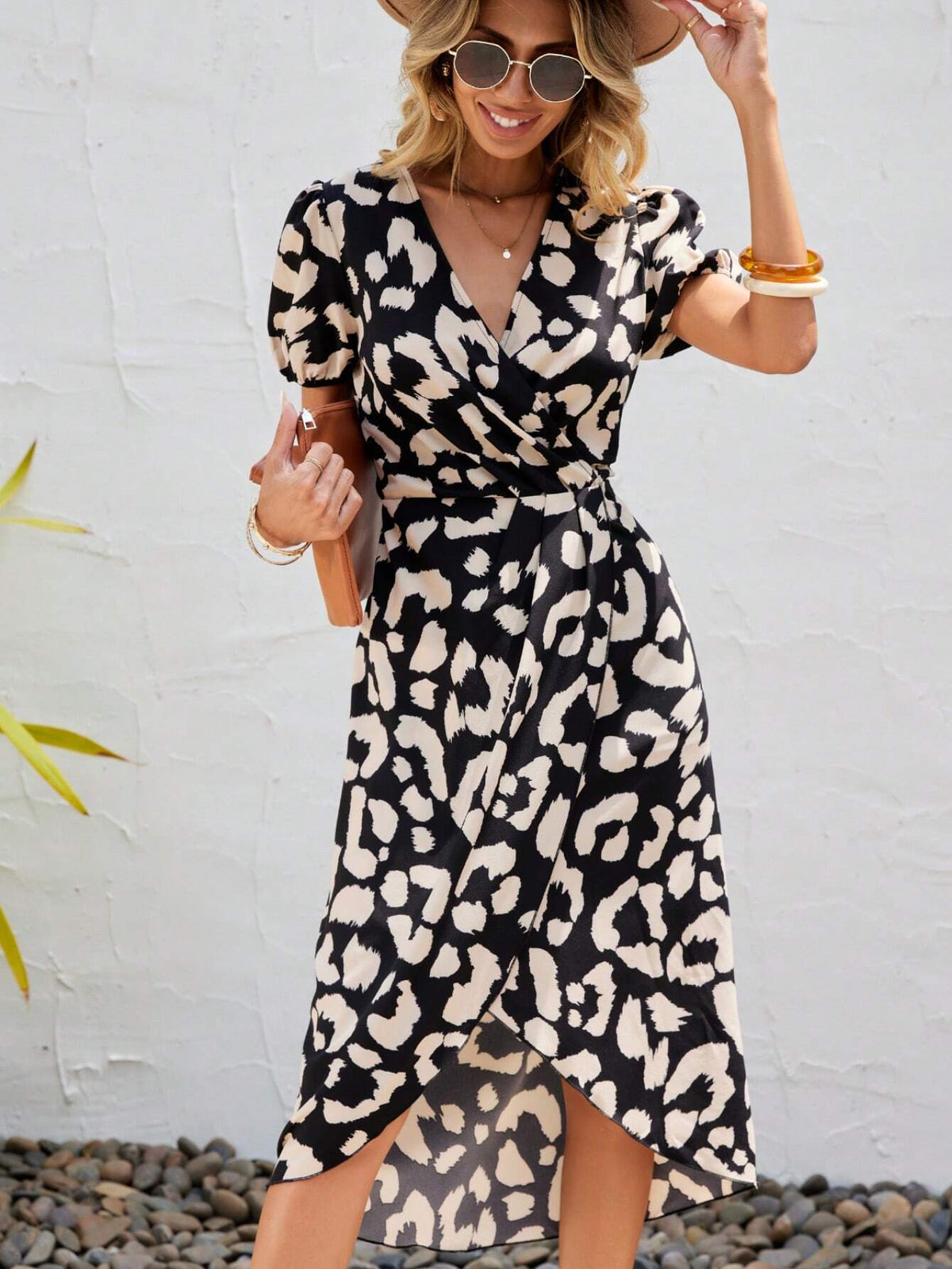 EMERY ROSE Allover Print Puff Sleeve Wrap Hem Dress