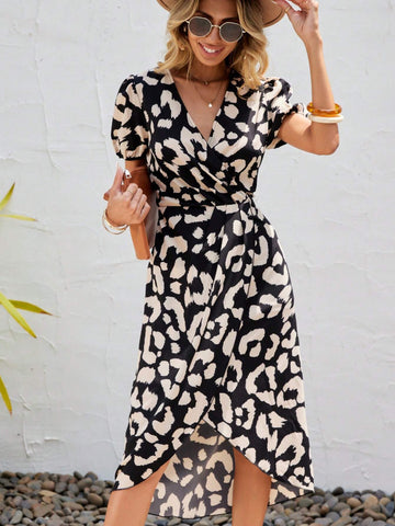 EMERY ROSE Allover Print Puff Sleeve Wrap Hem Dress