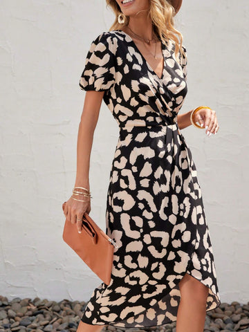 EMERY ROSE Allover Print Puff Sleeve Wrap Hem Dress