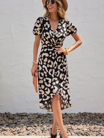 EMERY ROSE Allover Print Puff Sleeve Wrap Hem Dress