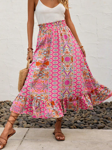 EMERY ROSE Floral Print Ruffle Hem Paperbag Waist Skirt