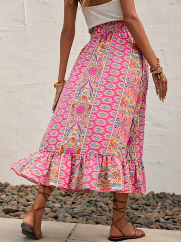 EMERY ROSE Floral Print Ruffle Hem Paperbag Waist Skirt