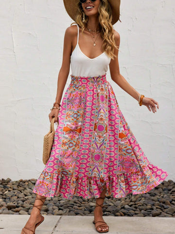 EMERY ROSE Floral Print Ruffle Hem Paperbag Waist Skirt