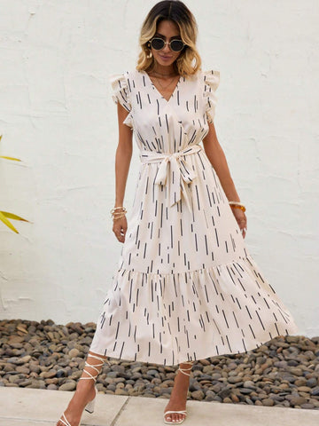 EMERY ROSE Striped Print Ruffle Hem Belted Dress