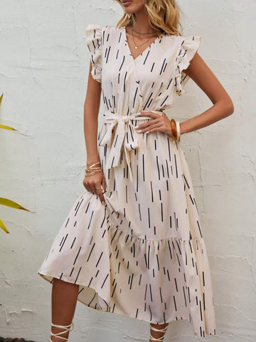 EMERY ROSE Striped Print Ruffle Hem Belted Dress