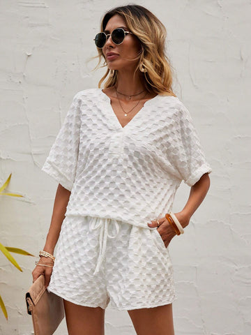 EMERY ROSE Solid Batwing Sleeve Tee & Drawstring Waist Shorts