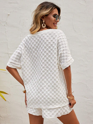 EMERY ROSE Solid Batwing Sleeve Tee & Drawstring Waist Shorts