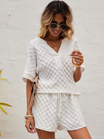 EMERY ROSE Solid Batwing Sleeve Tee & Drawstring Waist Shorts