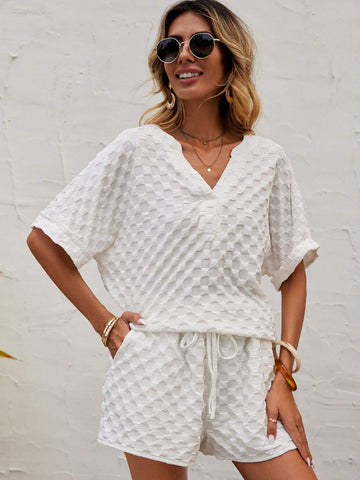 EMERY ROSE Solid Batwing Sleeve Tee & Drawstring Waist Shorts