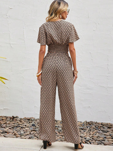 EMERY ROSE Allover Print Butterfly Sleeve Crop Top & Wide Leg Pants