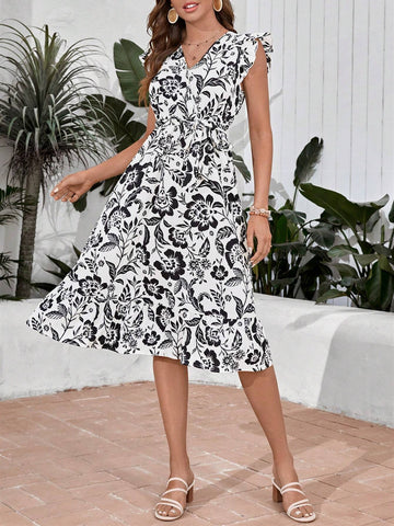 EMERY ROSE 1pc Allover Floral Print Ruffle Hem Belted Dress