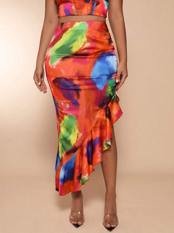 SXY Tie Dye Ruched Ruffle Trim Asymmetrical Hem Skirt