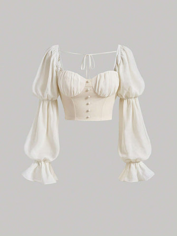 Sweetheart Neck Flounce Sleeve Crop Blouse