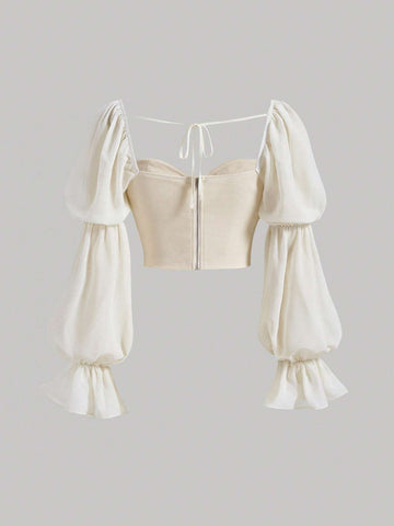 Sweetheart Neck Flounce Sleeve Crop Blouse