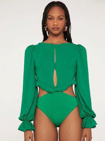 Cut Out Flounce Sleeve Ruffle Trim Bodysuit