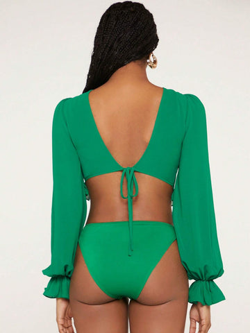 Cut Out Flounce Sleeve Ruffle Trim Bodysuit