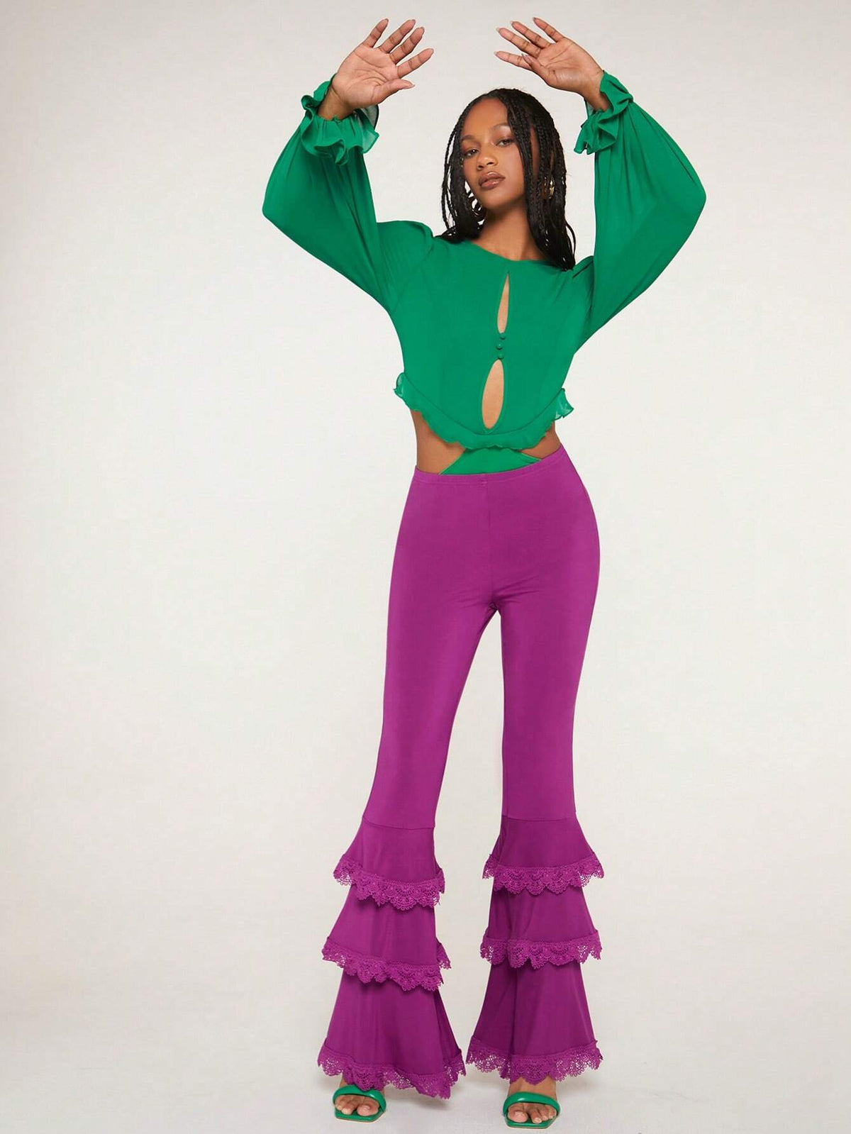 Cut Out Flounce Sleeve Ruffle Trim Bodysuit