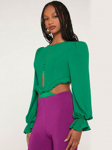 Cut Out Flounce Sleeve Ruffle Trim Bodysuit