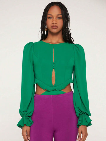 Cut Out Flounce Sleeve Ruffle Trim Bodysuit
