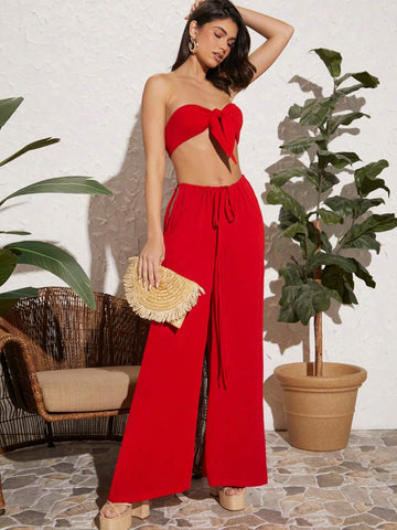 Tie Front Tube Top & Wide Leg Two Way Pants