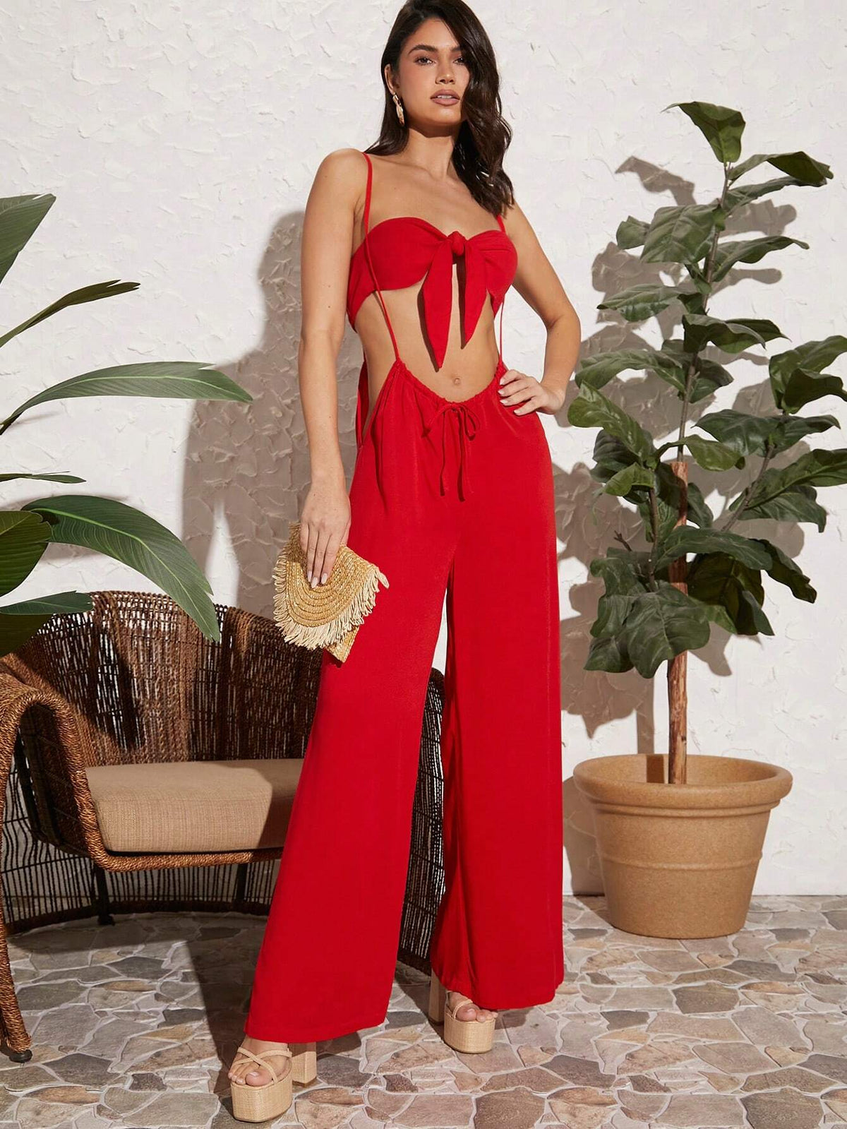 Tie Front Tube Top & Wide Leg Two Way Pants