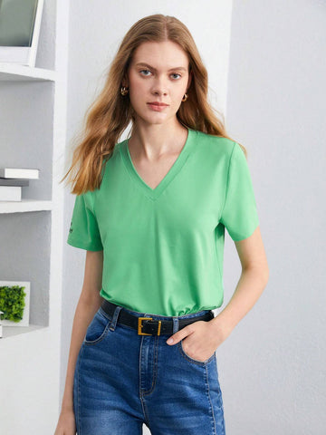 Slogan Embroidery V Neck Tee