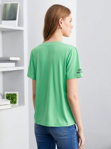 Slogan Embroidery V Neck Tee