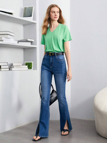 Slogan Embroidery V Neck Tee