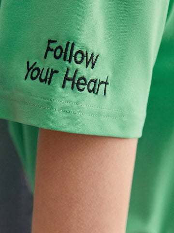 Slogan Embroidery V Neck Tee