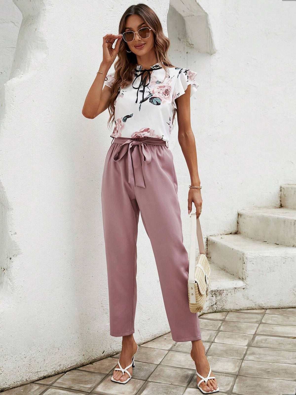 Floral Print Tie Neck Ruffle Trim Top & Belted Pants