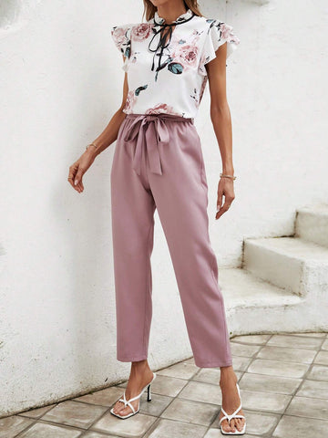 Floral Print Tie Neck Ruffle Trim Top & Belted Pants